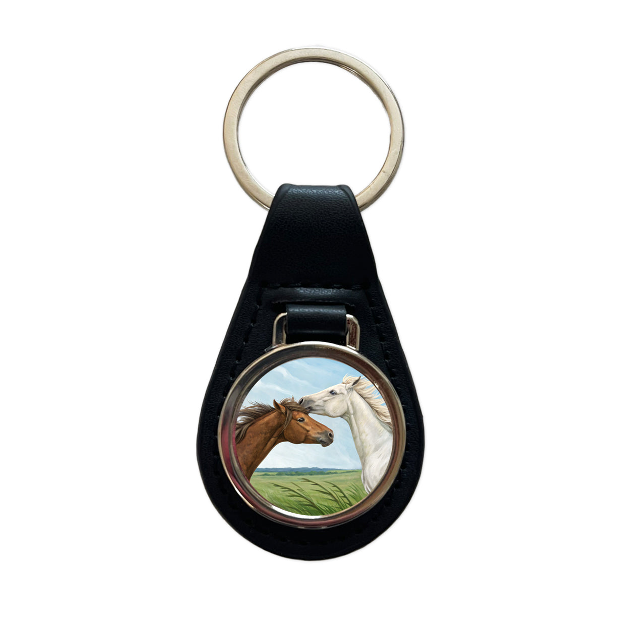 Brown White Horses Love Black Leather Metal Keychain