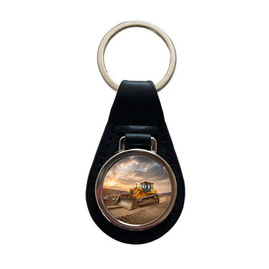 Bulldozer In Dirt Black Leather Metal Keychain