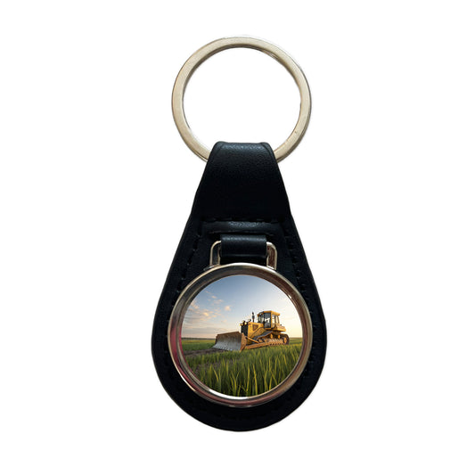 Bulldozer In Grass Field Black Leather Metal Keychain