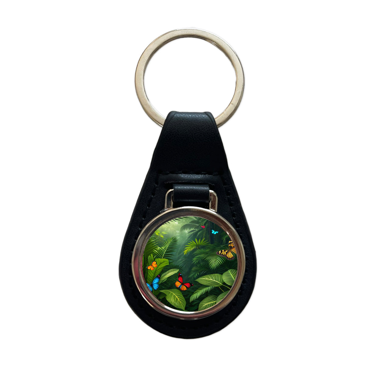 Butterflies In Jungle Colorful Black Leather Metal Keychain