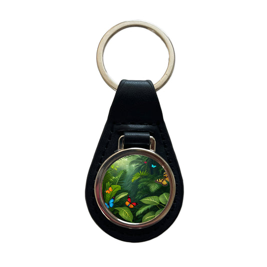 Butterflies In Jungle Colorful Black Leather Metal Keychain