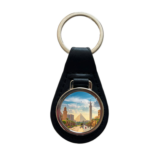 Cairo Egypt Pyramid Street Black Leather Metal Keychain
