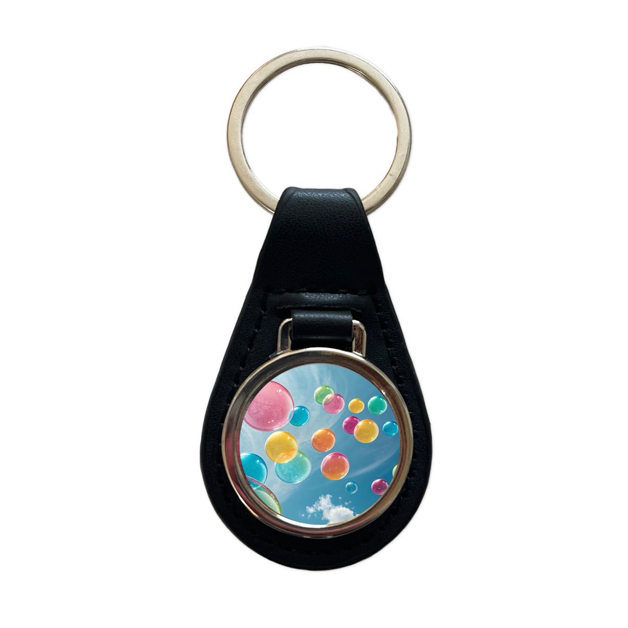Candy Color Bubbles Blue Sky Black Leather Metal Keychain