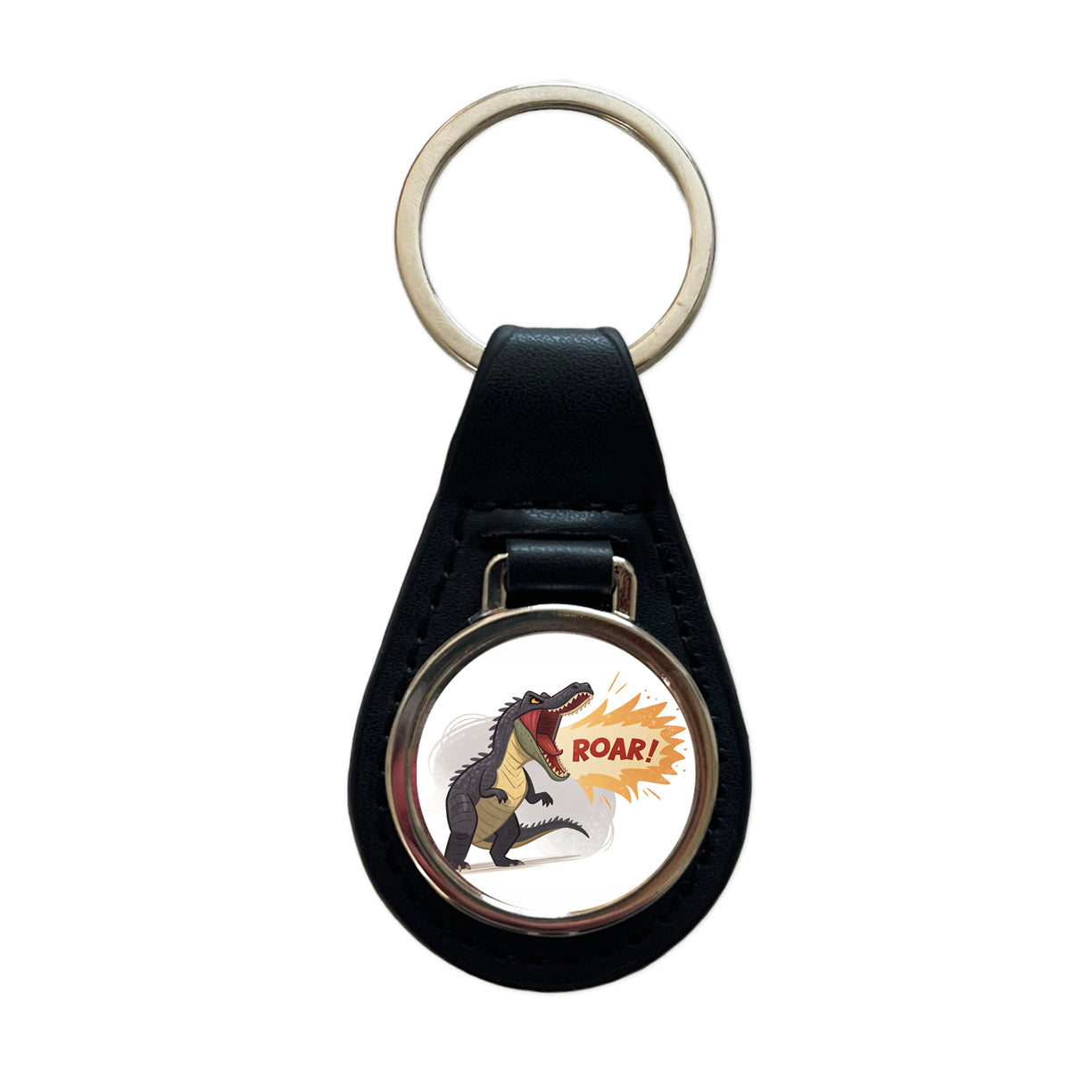 Carnotaurus Roar Bold Text Dinosaur Black Leather Metal Keychain