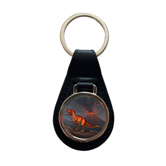 Carnotaurus Volcano Erupting Dinosaur Black Leather Metal Keychain