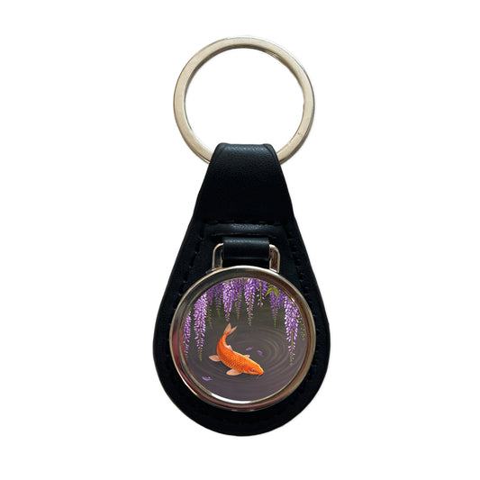 Carp With Wisteria Flowers Pond Black Leather Metal Keychain