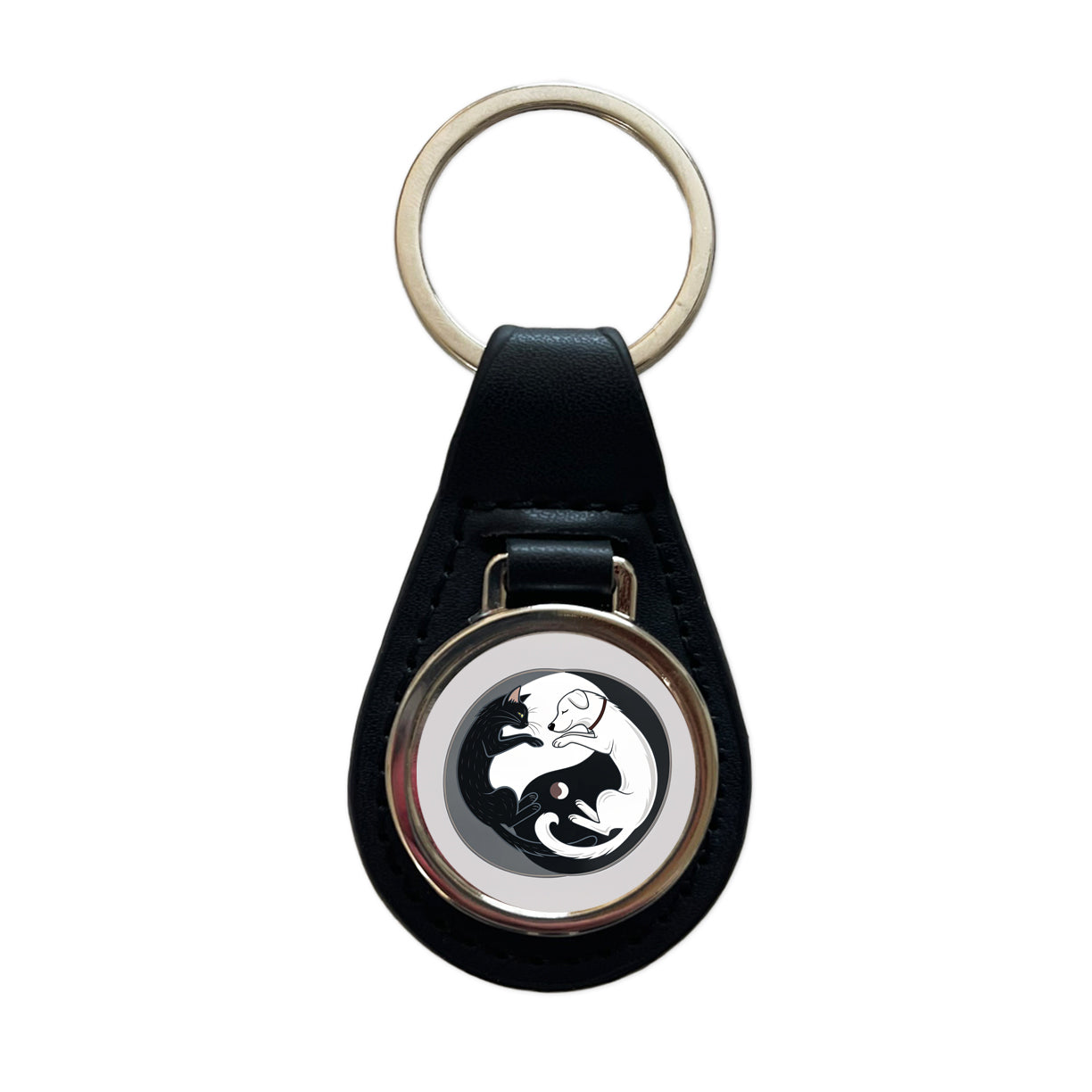 Cat Dog Black White Swirling Yin Yang Black Leather Metal Keychain