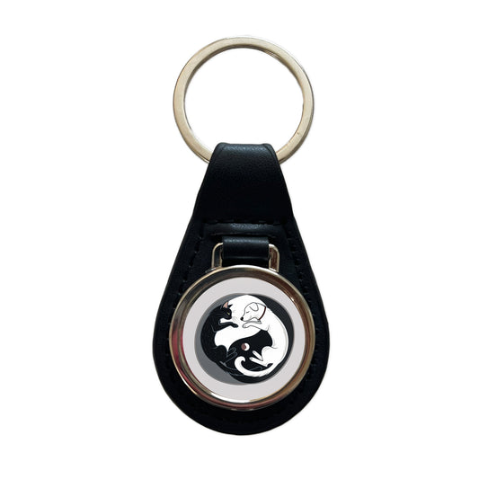 Cat Dog Black White Swirling Yin Yang Black Leather Metal Keychain