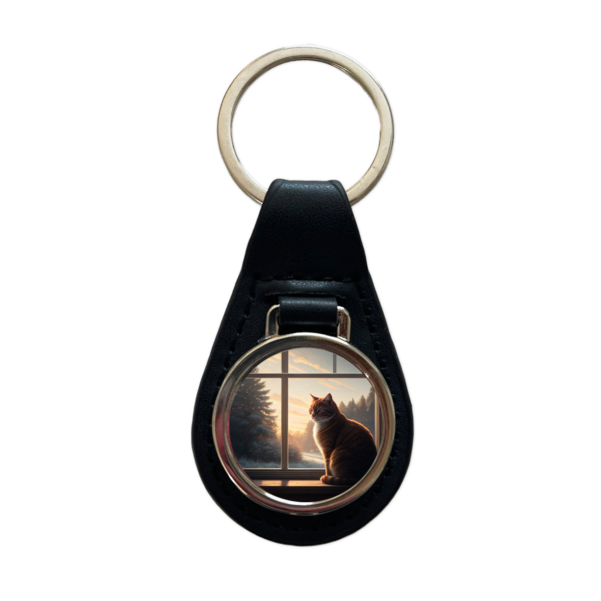 Cat In Window Pretty Black Leather Metal Keychain