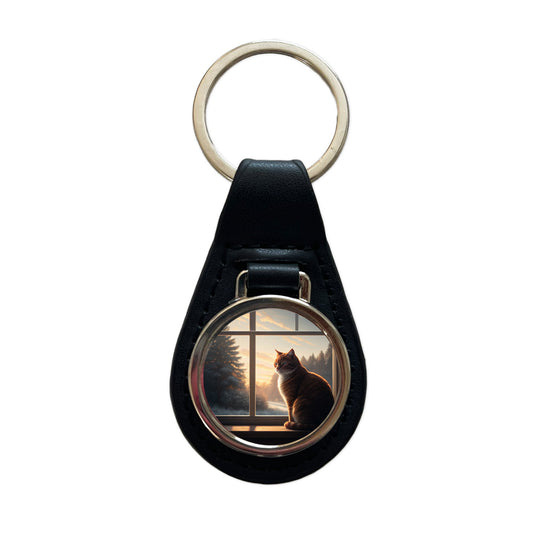 Cat In Window Pretty Black Leather Metal Keychain