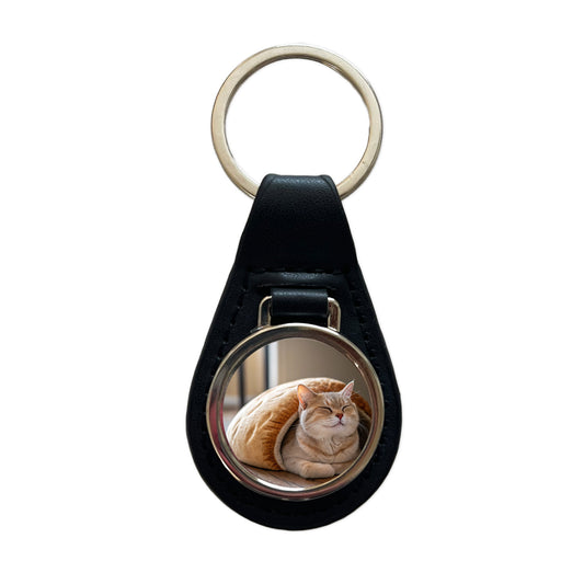 Cat Loaf Cute Black Leather Metal Keychain