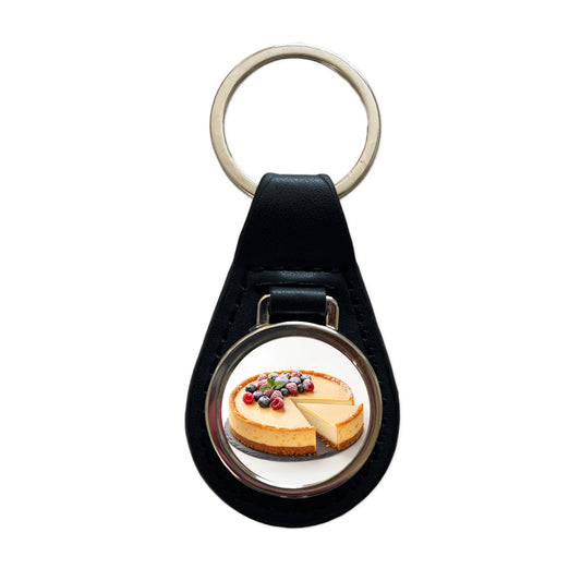 Cheesecake Fruit Slice Black Leather Metal Keychain