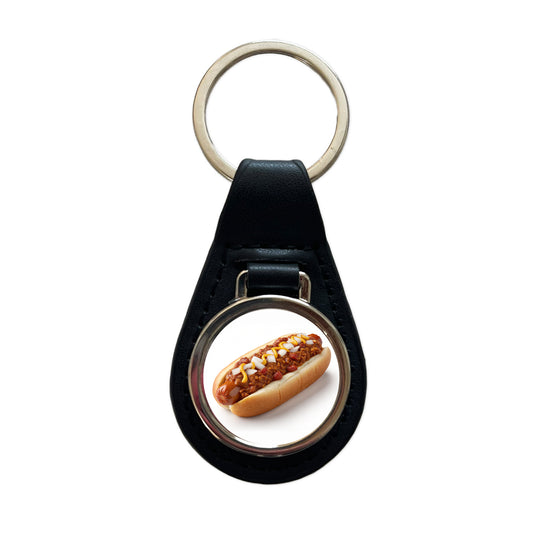 Chili Hot Dog Bun Black Leather Metal Keychain