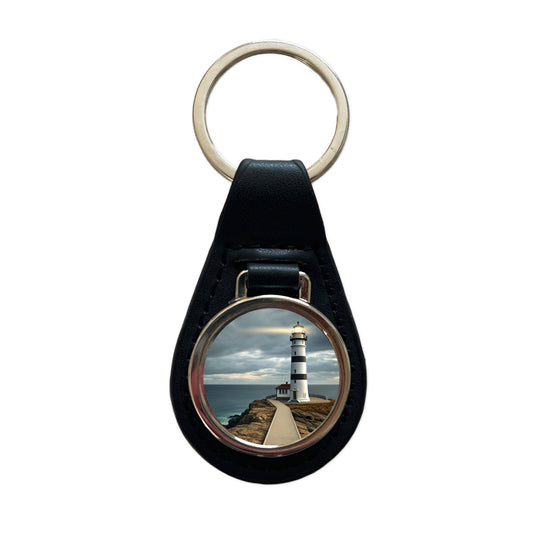 Coastal Lighthouse Ocean Black Leather Metal Keychain