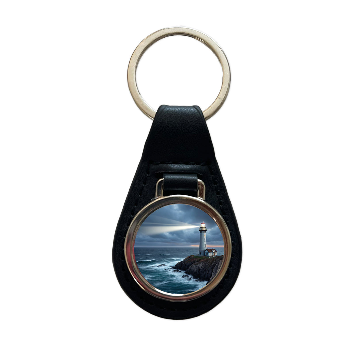 Coastal Lighthouse Rugged Black Leather Metal Keychain