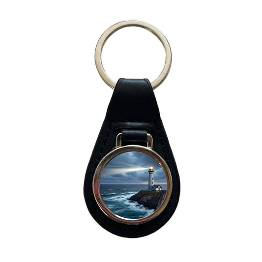 Coastal Lighthouse Rugged Black Leather Metal Keychain