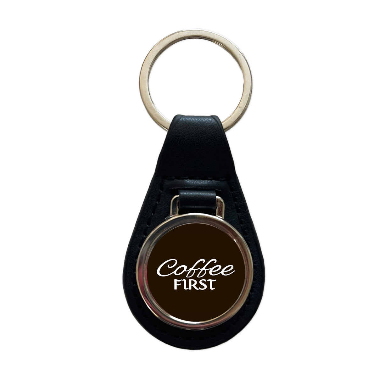 Coffee First Funny Text Black Leather Metal Keychain