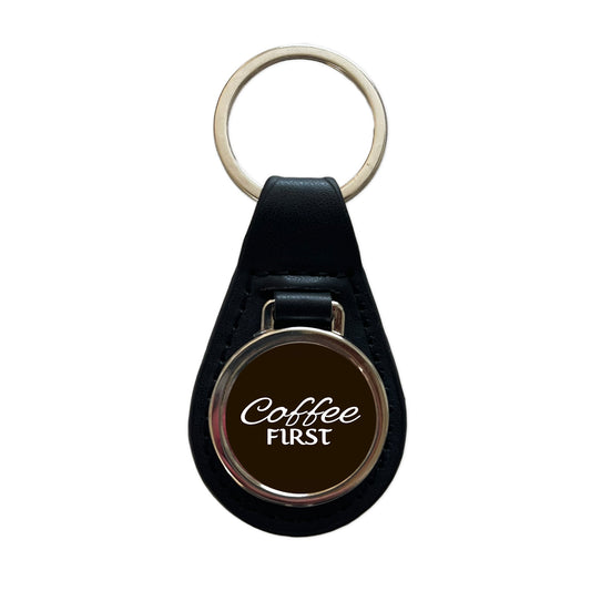Coffee First Funny Text Black Leather Metal Keychain