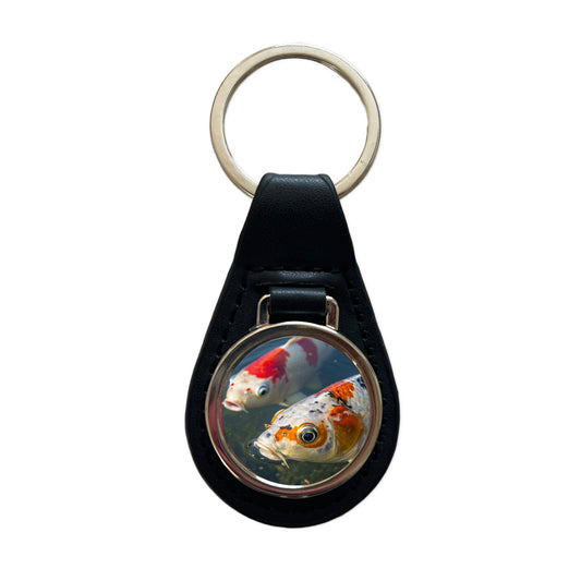 Koi Fish Eyes Close Up Pond Black Leather Metal Keychain