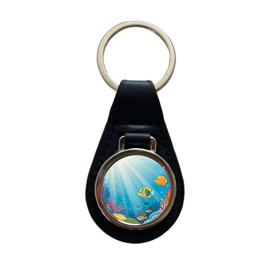 Colorful Fish Coral Light Rays Tropical Ocean Black Leather Metal Keychain