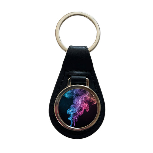 Colorful Plumes Of Smoke Curling Black Leather Metal Keychain