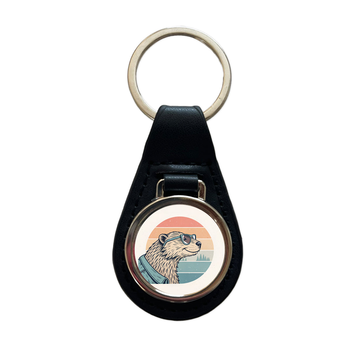 Cool Beaver Wearing Glasses Retro Illustration Black Leather Metal Keychain
