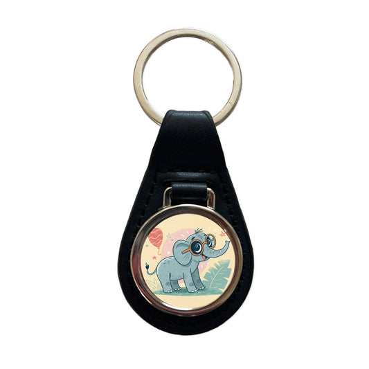 Cool Elephant Wearing Glasses Cute Black Leather Metal Keychain