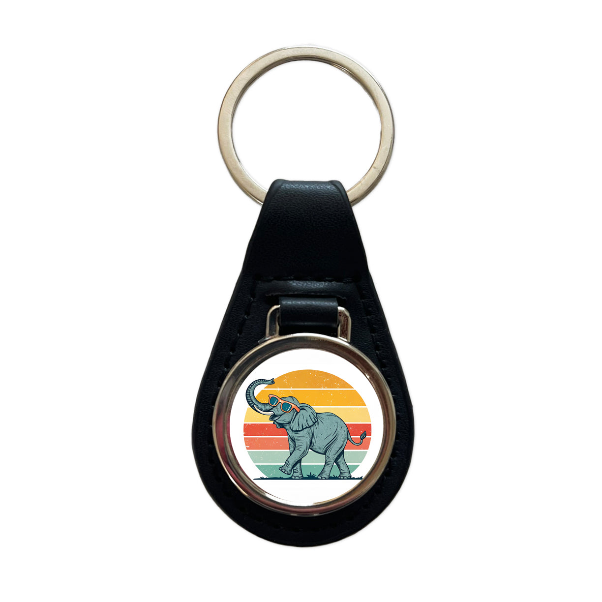 Cool Elephant Wearing Sunglasses Retro Illustration Black Leather Metal Keychain