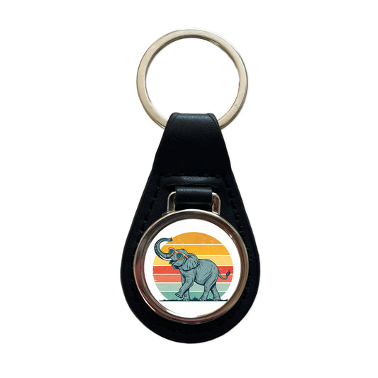 Cool Elephant Wearing Sunglasses Retro Illustration Black Leather Metal Keychain