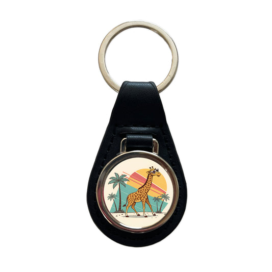 Cool Giraffe Wearing Sunglasses Retro Cute Black Leather Metal Keychain