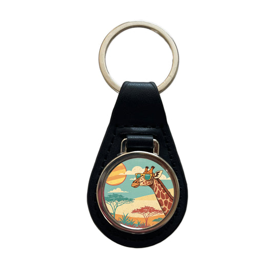 Cool Giraffe Wearing Sunglasses Retro Illustration Black Leather Metal Keychain