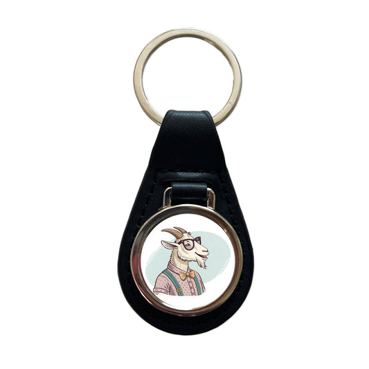Cool Goat Wearing Glasses Retro Illustration Black Leather Metal Keychain