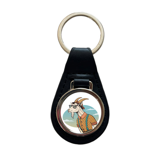 Cool Goat Wearing Sunglasses Retro Illustration Black Leather Metal Keychain