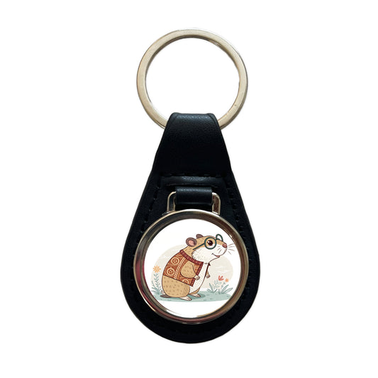 Cool Hamster Wearing Glasses Retro Illustration Cute Black Leather Metal Keychain