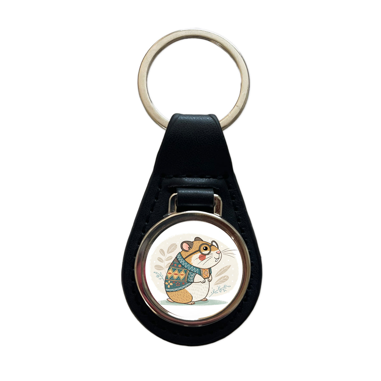 Cool Hamster Wearing Glasses Retro Illustration Black Leather Metal Keychain