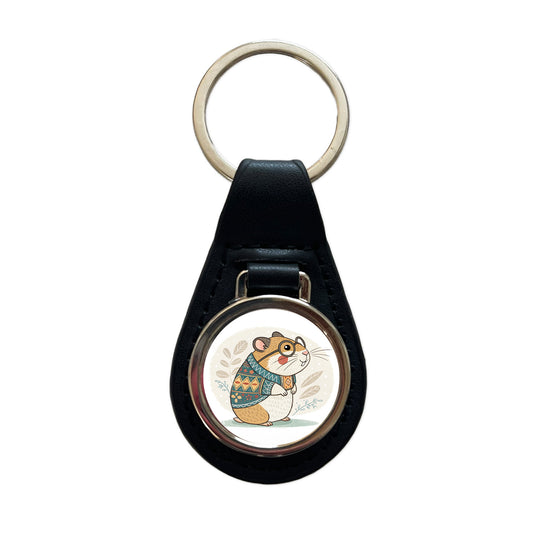 Cool Hamster Wearing Glasses Retro Illustration Black Leather Metal Keychain
