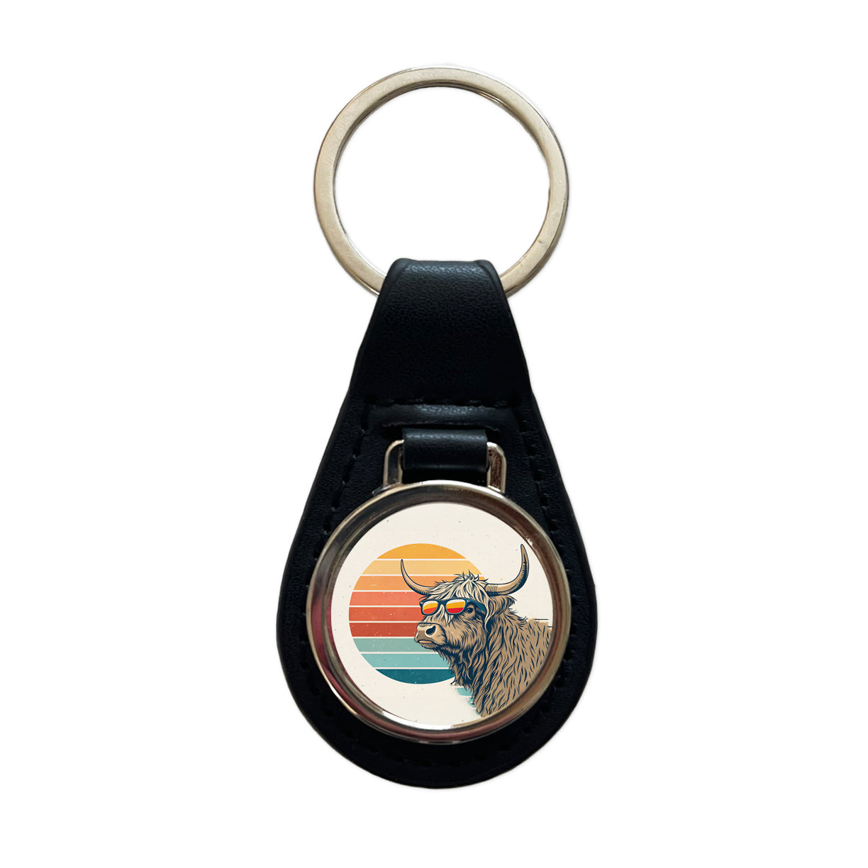 Cool Highland Cow Wearing Sunglasses Retro Illustration Black Leather Metal Keychain