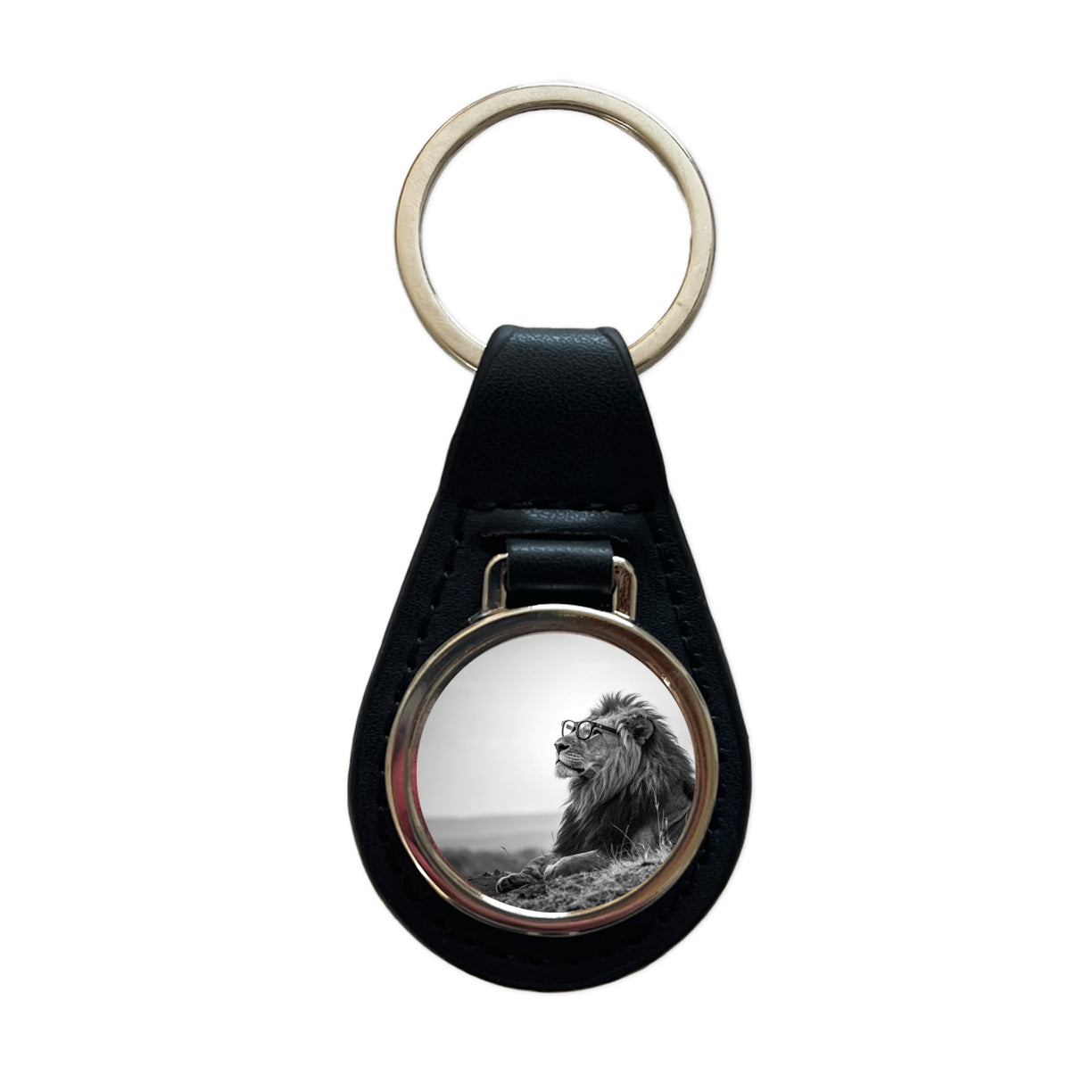 Cool Lion Wearing Glasses Black White Black Leather Metal Keychain