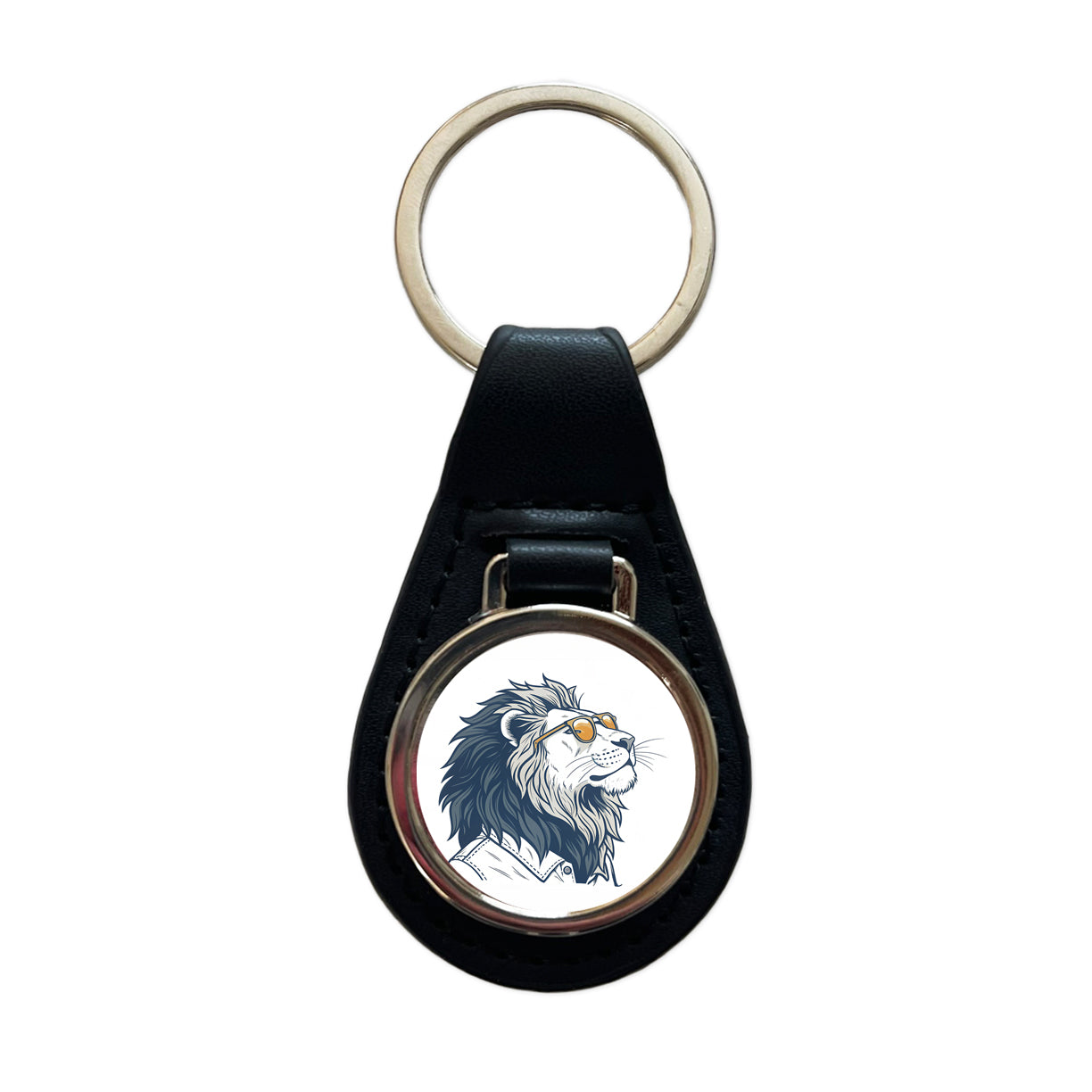 Cool Lion Wearing Glasses Minimalist Illustration Black Leather Metal Keychain