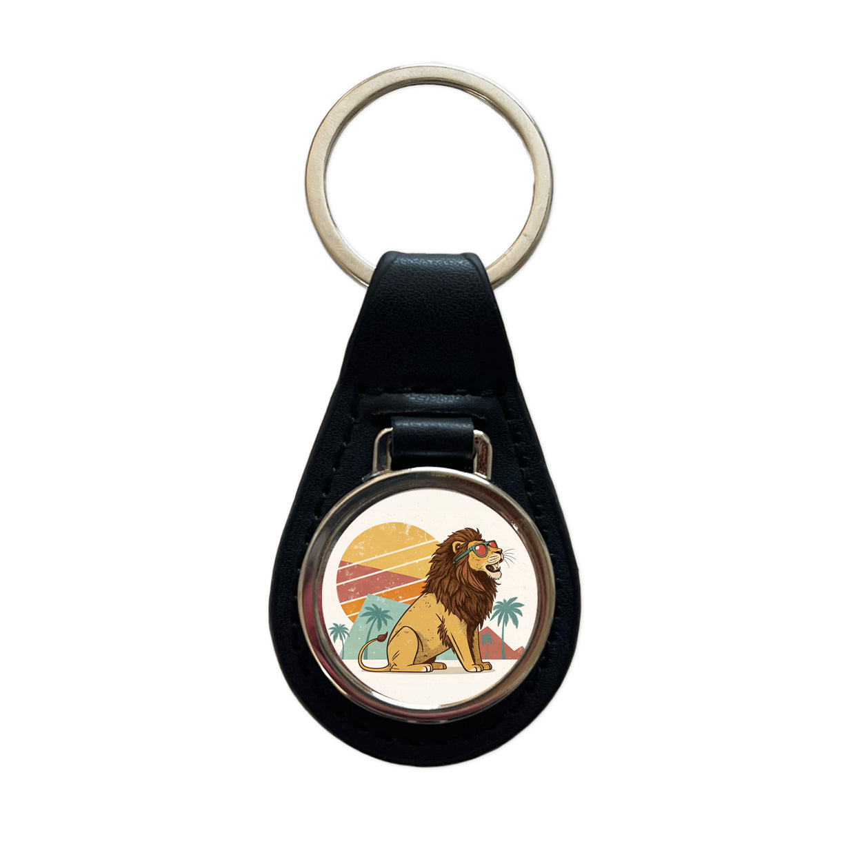 Cool Lion Wearing Sunglasses Retro Illustration Style Black Leather Metal Keychain