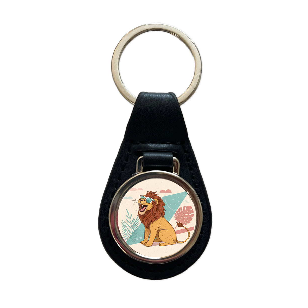 Cool Lion Wearing Sunglasses Retro Illustration Black Leather Metal Keychain