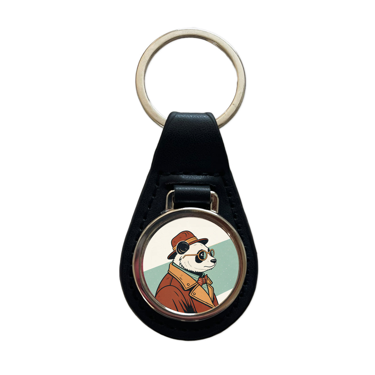 Cool Panda Wearing Glasses Retro Black Leather Metal Keychain