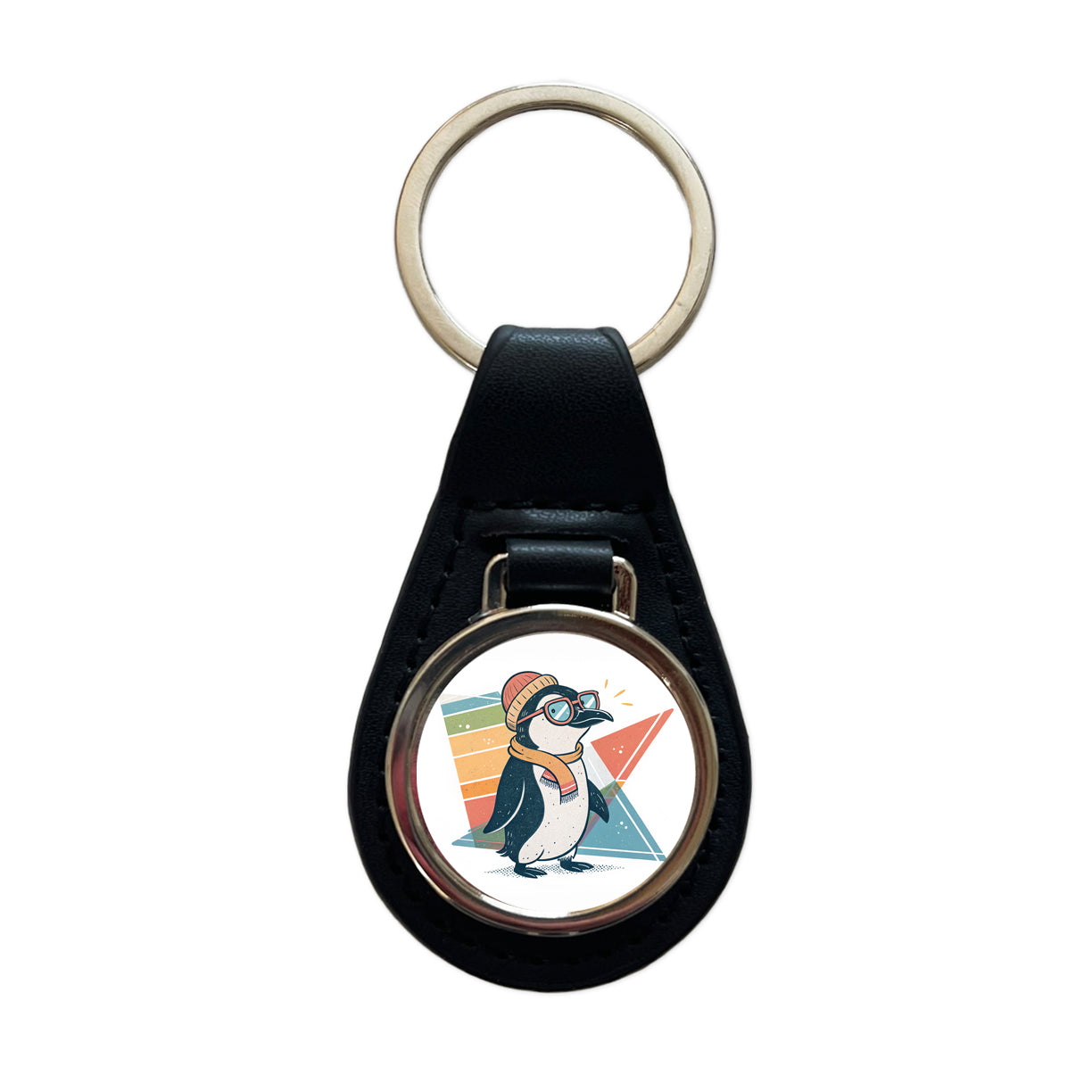 Cool Penguin Wearing Glasses Retro Black Leather Metal Keychain
