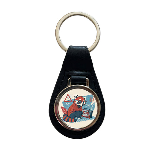 Cool Red Panda Wearing Glasses Retro Black Leather Metal Keychain