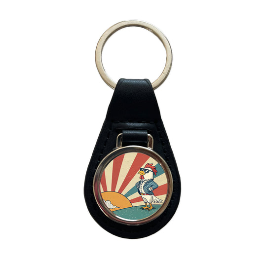 Cool Rooster Chicken Wearing Sunglasses Retro Illustration Black Leather Metal Keychain