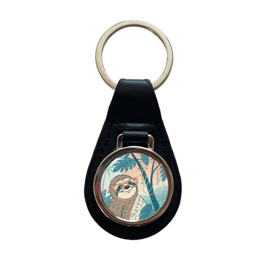 Cool Sloth Wearing Glasses Black Leather Metal Keychain