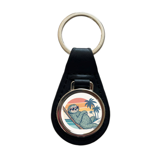 Cool Sloth Wearing Sunglasses Retro Illustration Black Leather Metal Keychain