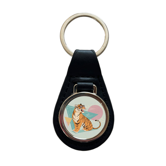 Cool Tiger Wearing Sunglasses Black Leather Metal Keychain