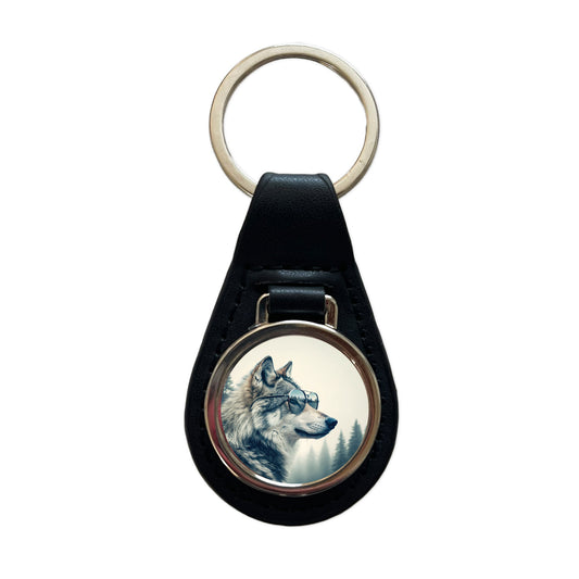 Cool Wolf Wearing Misty Woods Black Leather Metal Keychain