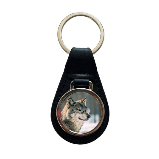Cool Wolf Wearing Sunglasses Black Leather Metal Keychain